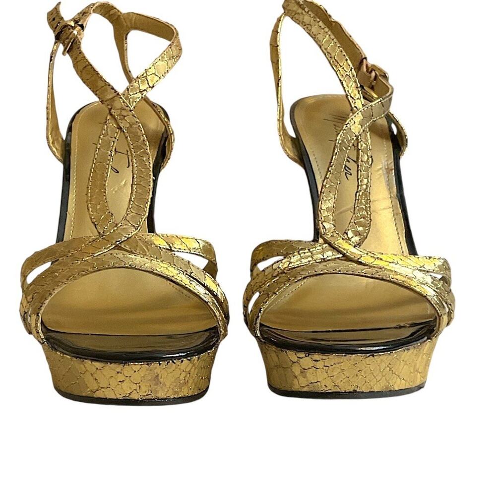 Marc Fisher Sandal SZ 8.5 Women Gold Belia Ankle Strap Heel Snakeskin-Flaw - Picture 8 of 14